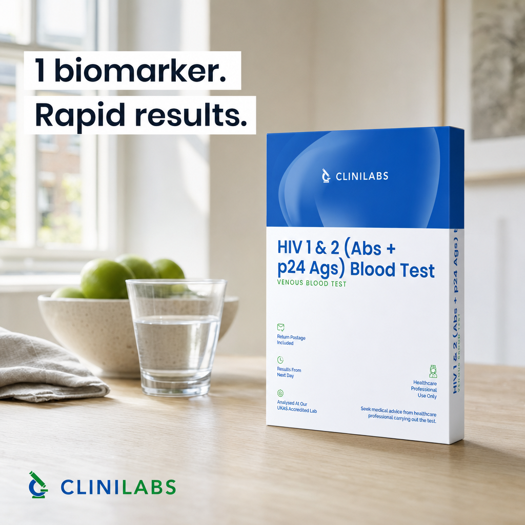 HIV 1 & 2 (Abs + p24 Ags) Blood Test kit on a kitchen table