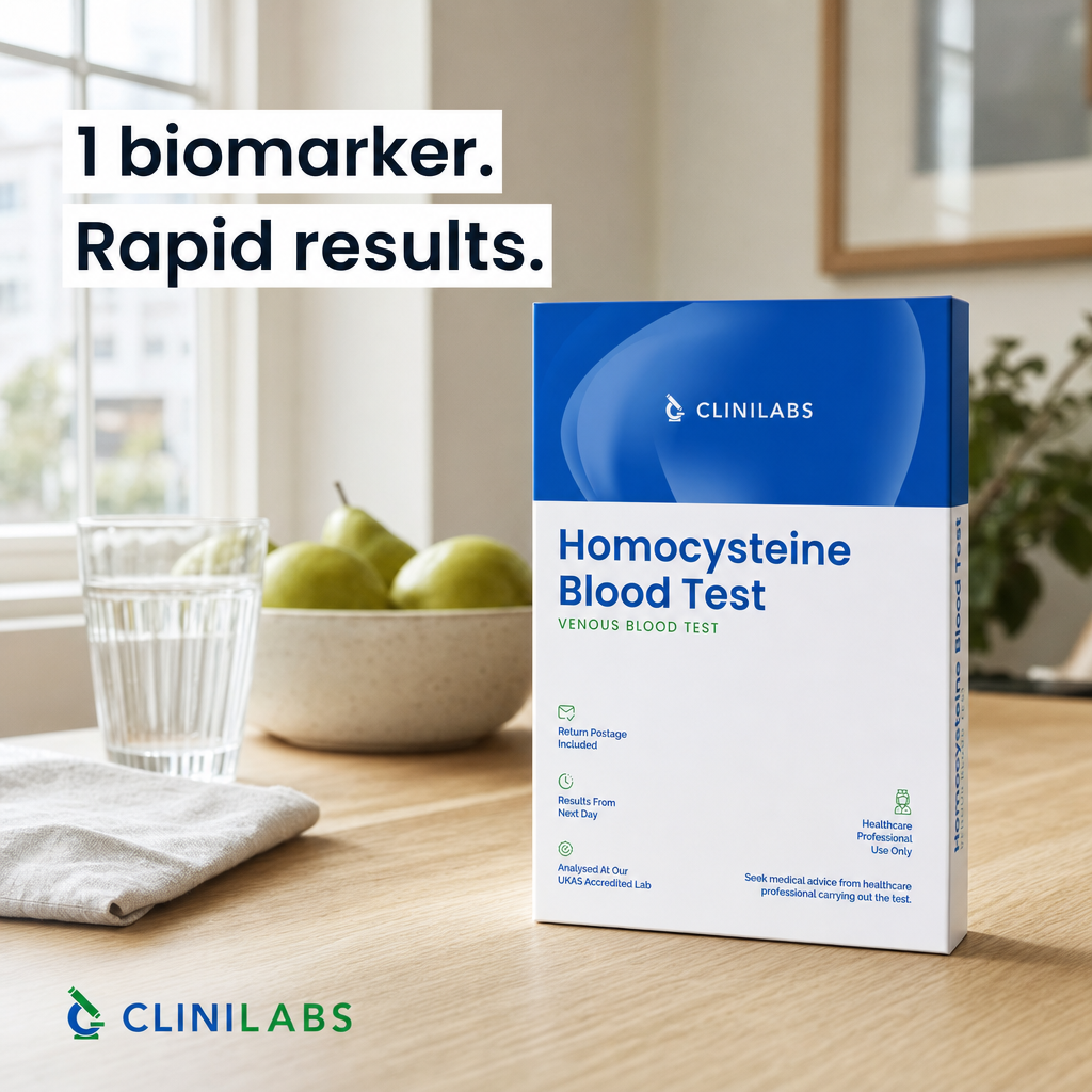 Homocysteine Blood Test kit on a kitchen table