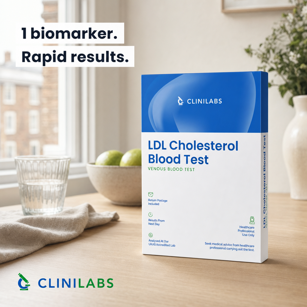 LDL Cholesterol Blood Test kit on a kitchen table