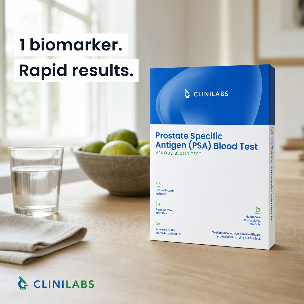 Prostate Specific Antigen (PSA) Blood Test kit on a kitchen table