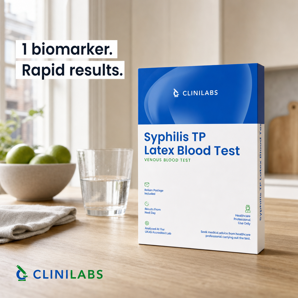 Syphilis TP Latex Blood Test kit on a kitchen table
