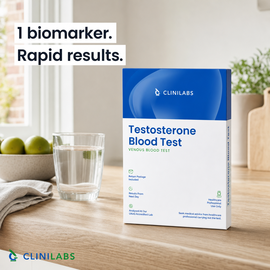 Testosterone Blood Test kit on a kitchen table