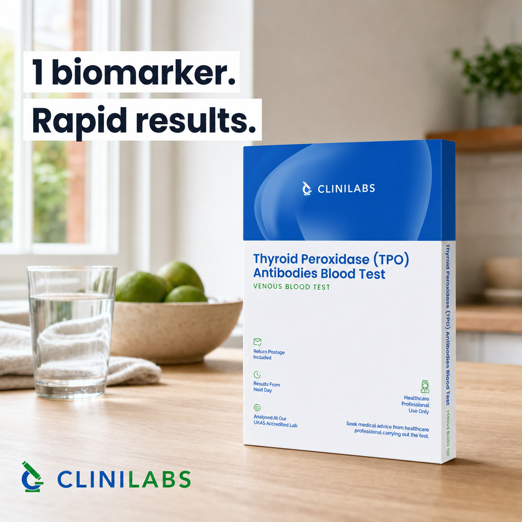 Thyroid Peroxidase (TPO) Antibodies Blood Test kit on a kitchen table