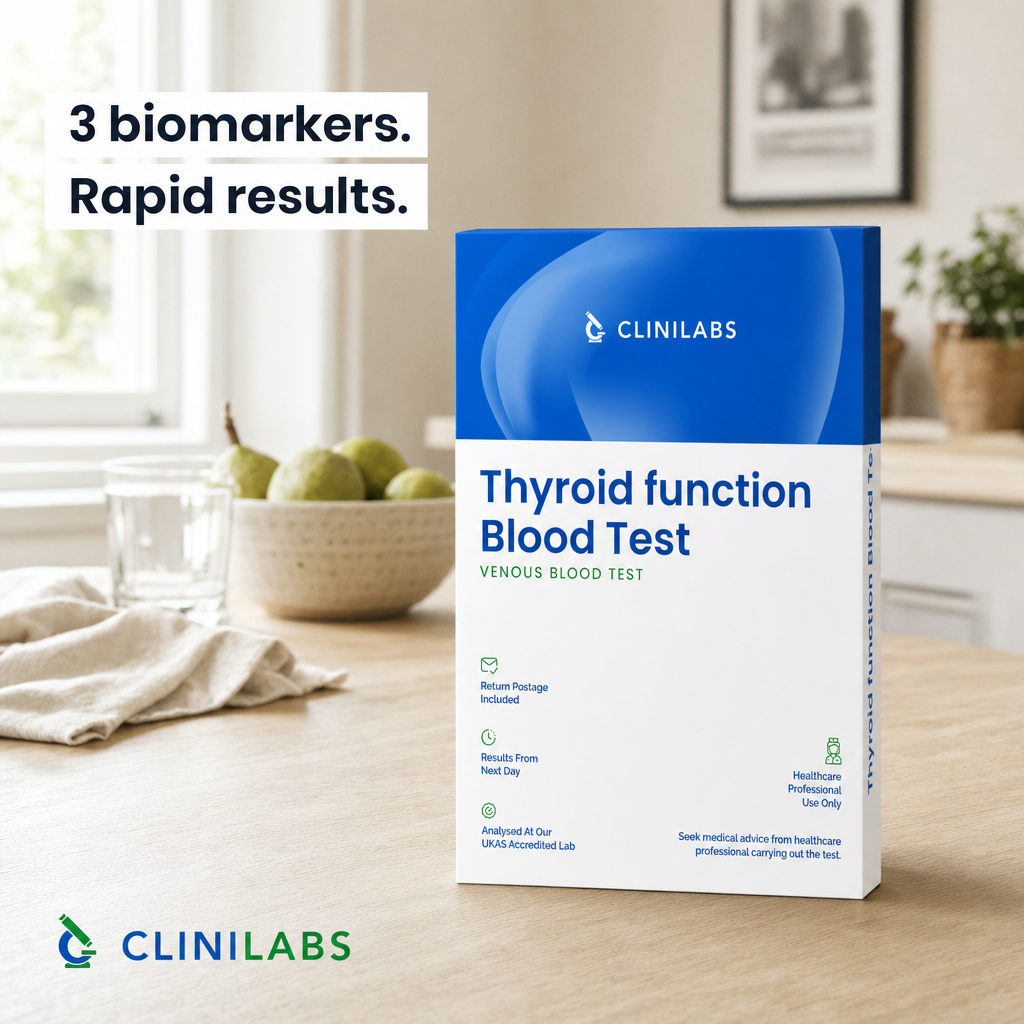 Thyroid function blood test kit on a kitchen table