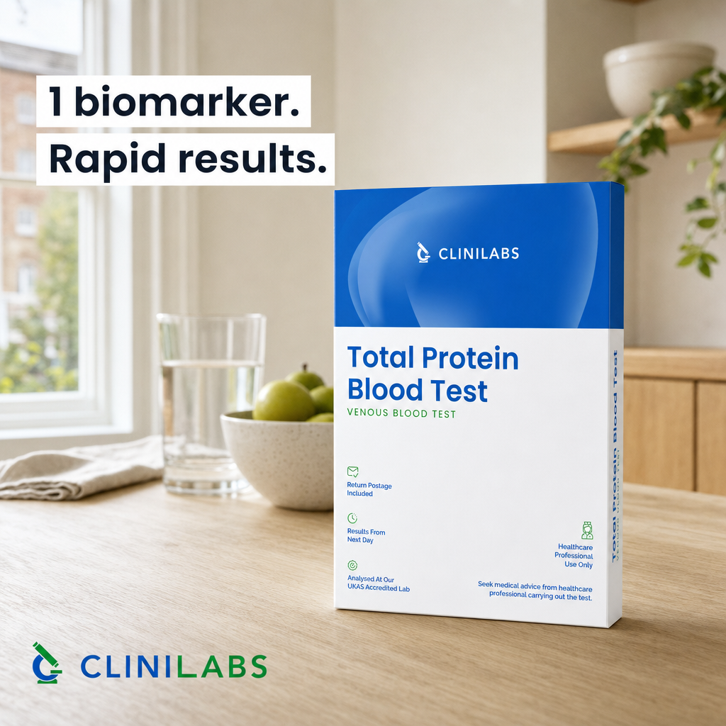 Total Protein Blood Test kit on a kitchen table