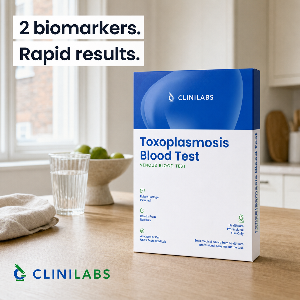 Toxoplasmosis Blood Test kit on a kitchen table