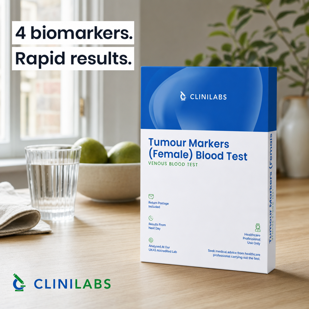 Tumour Markers (Female) Blood Test kit on a kitchen table
