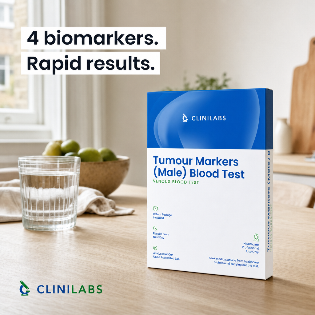 Tumour Markers (Male) Blood Test kit on a kitchen table