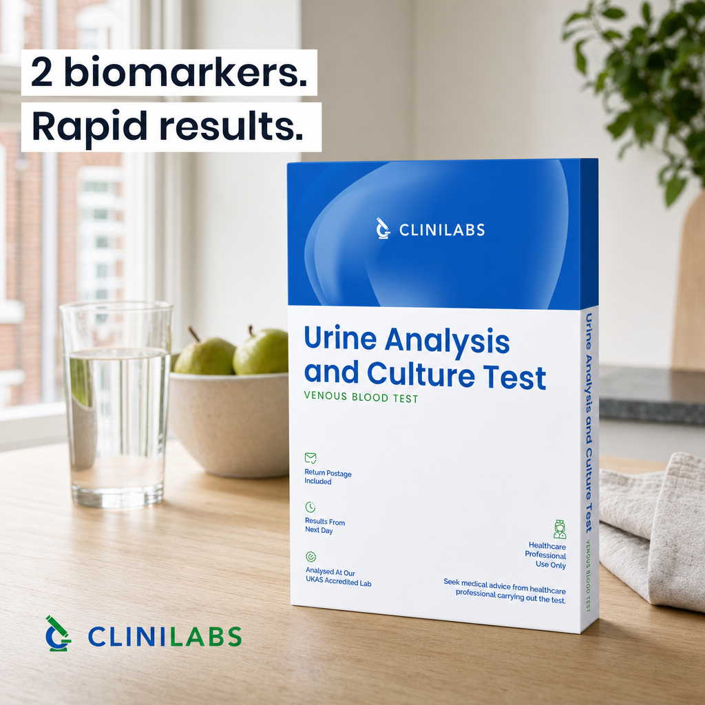 Urine Analysis and Culture Test kit on a kitchen table