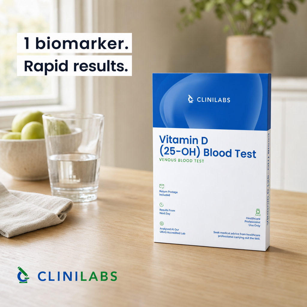 Vitamin D (25-OH) Blood Test kit on a kitchen table
