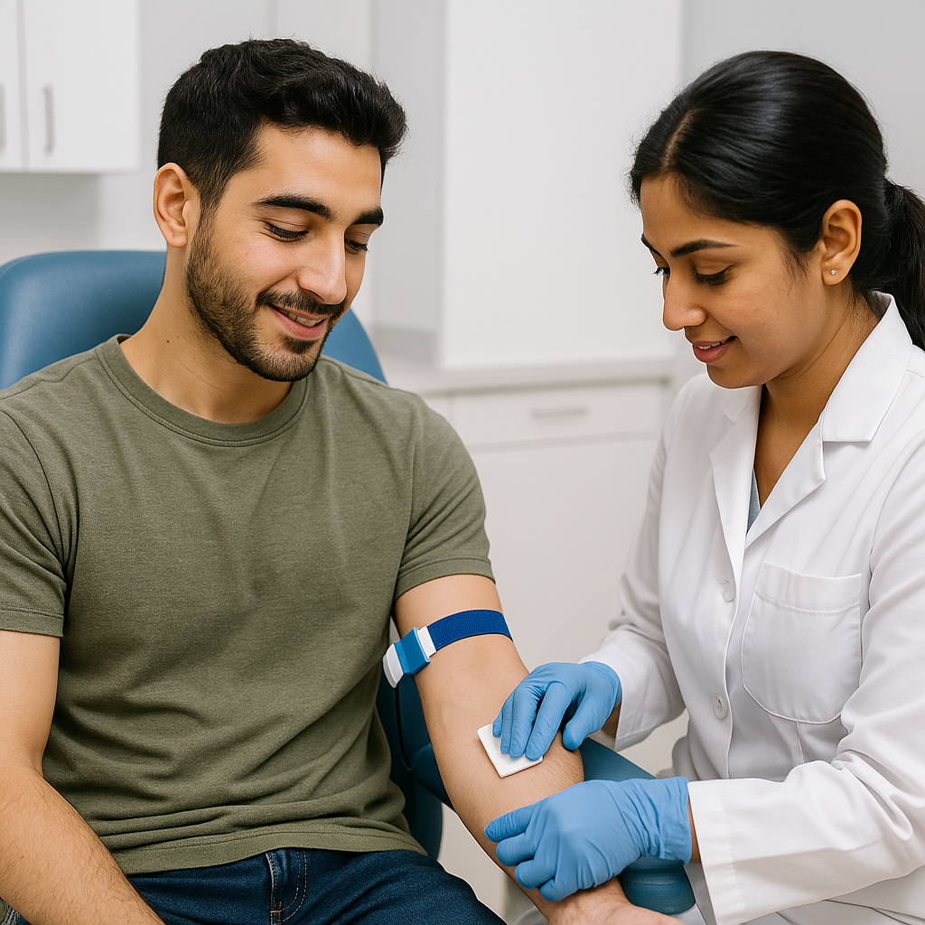 young man havung arm prepped, health check, sports, sexual health 